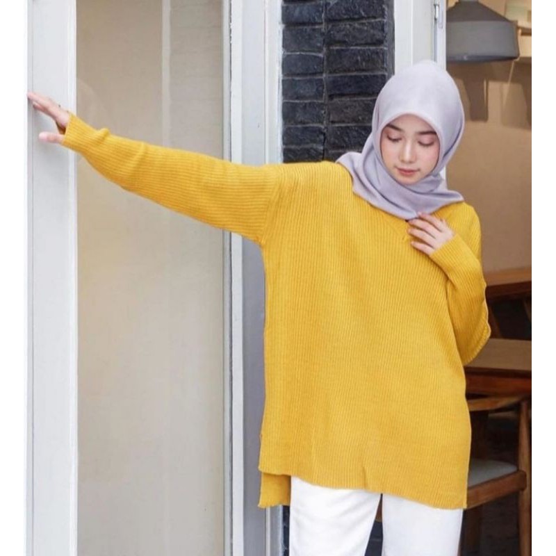 BOXY V NECK Rajut Premium Halus Sweater Rajut Boxy Muat XL-Mustard Boxy V