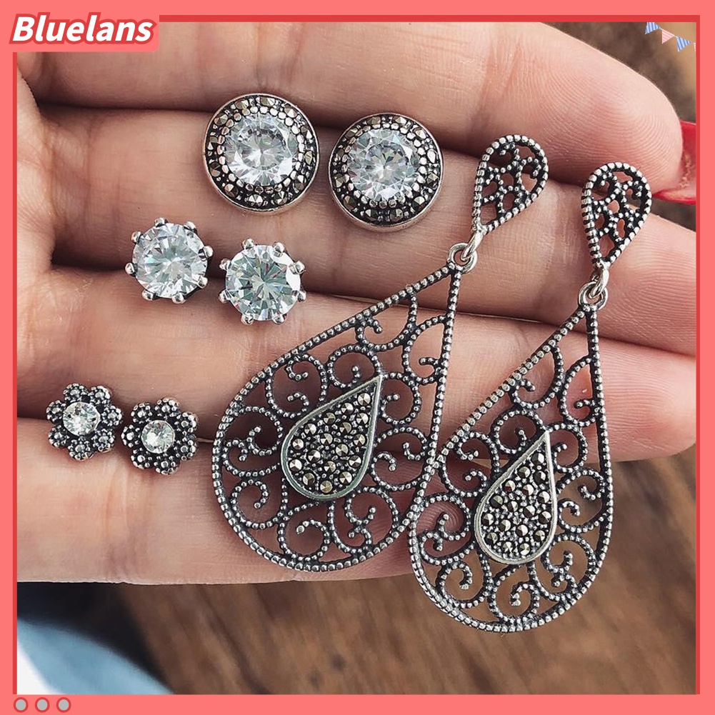 Set Perhiasan Anting Stud Liontin Bentuk Tetesan Air Rongga Warna Silver Gaya Boho Antik Retro