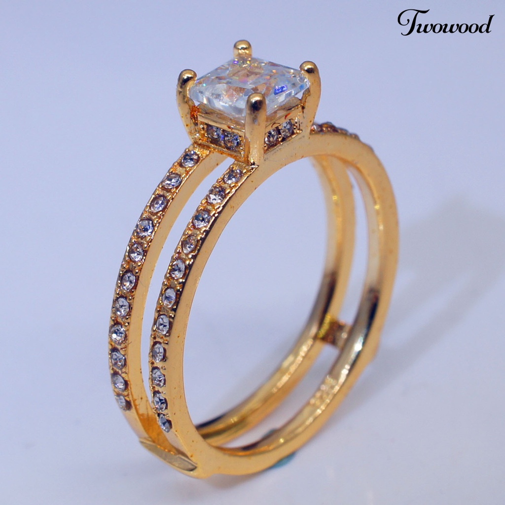 Cincin Berlian Imitasi Model Double Layer Bentuk Persegi Untuk Wanita