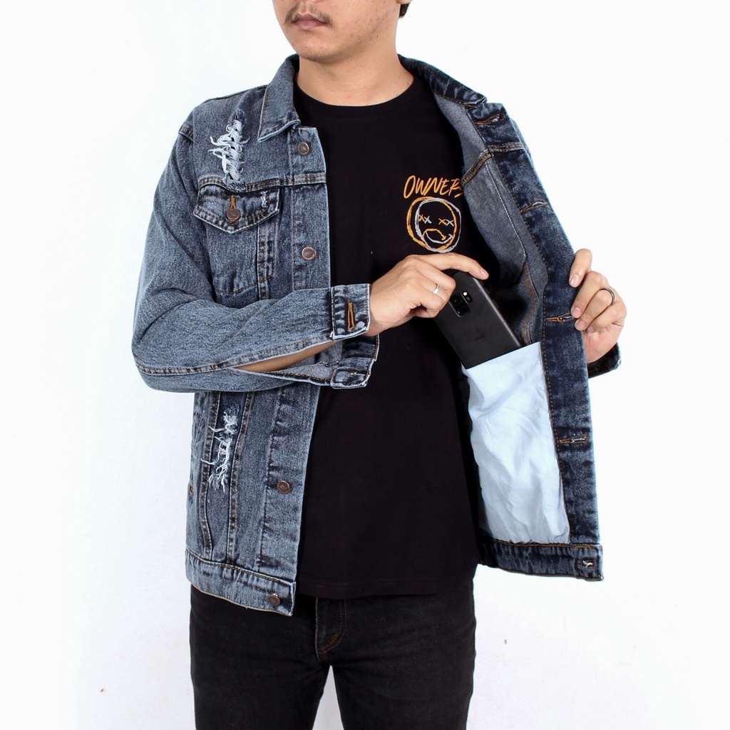 Jaket Jeans Sandwash Cowo Keren Motif Bordir/ Jaket Jeans Bordir Pria Terbaru 2022/ Jaket Denim Sandwash Pria Terlaris