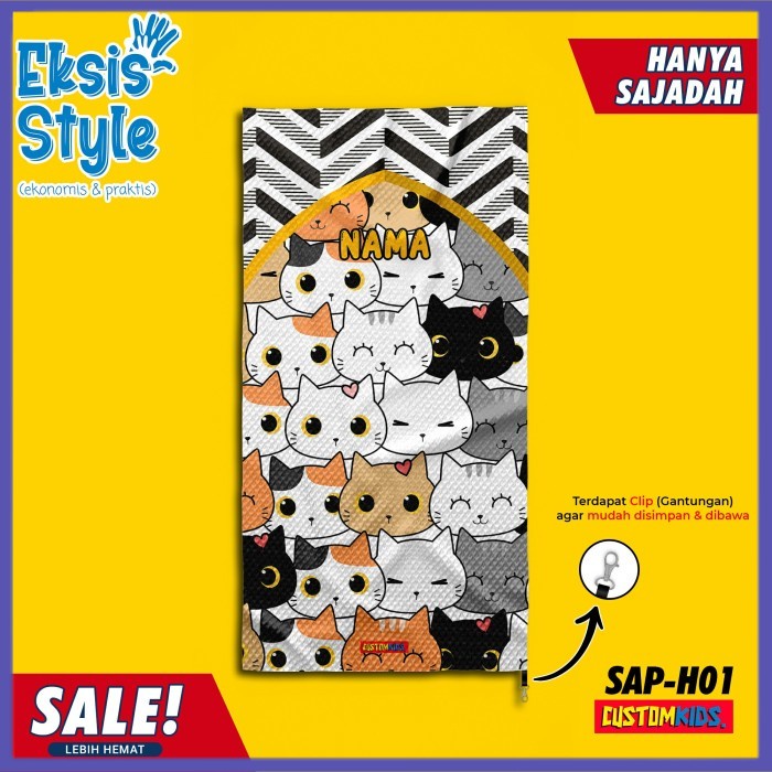 ✔ COD ✔ SAP-H01 Sajadah Anak Travel Custom Nama | Motif Kucing Cat Lucu + Tas - Eksis Style