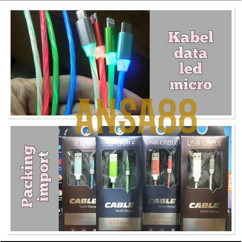 kabel data android micro usb LED ngalir kabel LED micro usb kabel data nyala warna warni