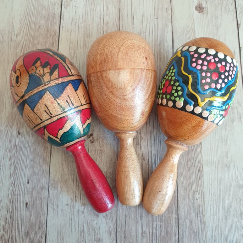 Alat Musik Marakas Telur Kecil Gagang Stik Egg Shaker Bahan Kayu Polos Motif