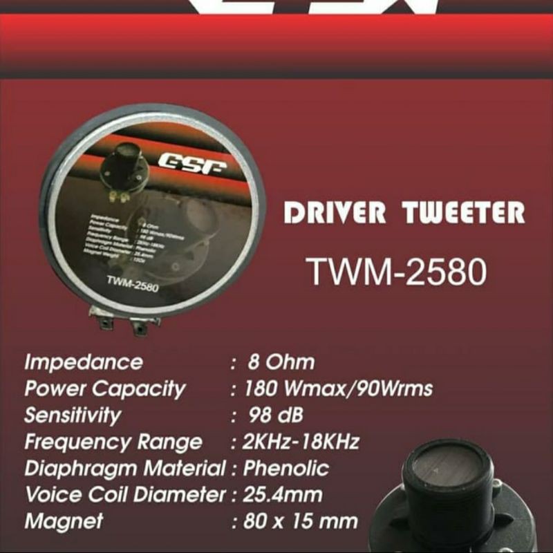 Driver Tweeter TWM 2580 Impedance 8 ohm Magnet 80 x 15 mm