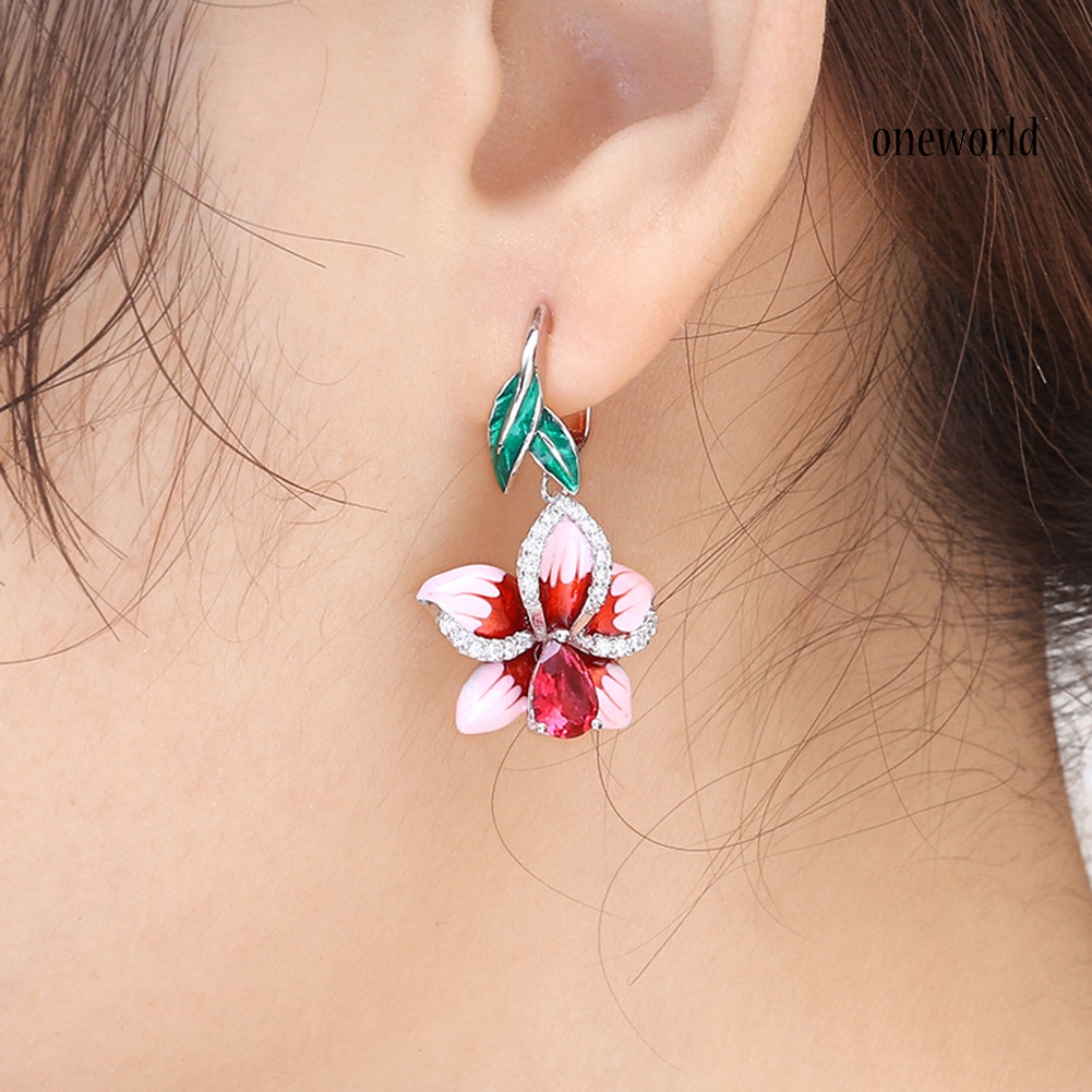 OW@ Fashion Women Enamel Leaf Flower Pendant Rhinestone Inlaid Leverback Earrings