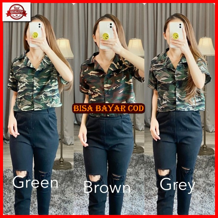 [Bisa Cod] Blouse Wanita Model Lengan Pendek Blus Gaya Korea Atas EH693  Cropty Army [Baju 0117] Tgj