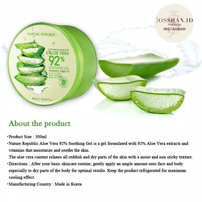 [Original 100%] BPOM Exp 2024 NATURE REPUBLIC Aloe Vera  92% Soothing Gel 300ml Jar Logo Original | Aloe Vera Gel | Aloe Vera Nature Republic | Aloe Vera BPOM | Nature Republic Aloe Vera BPOM | Aloe Vera Jar 300ml Nature Republic | Gel Aloe Vera NR