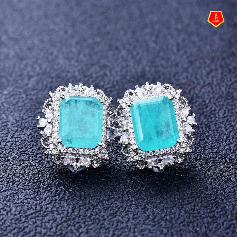 [Ready Stock]Natural Paraiba Necklace Colored Gems Earings Set