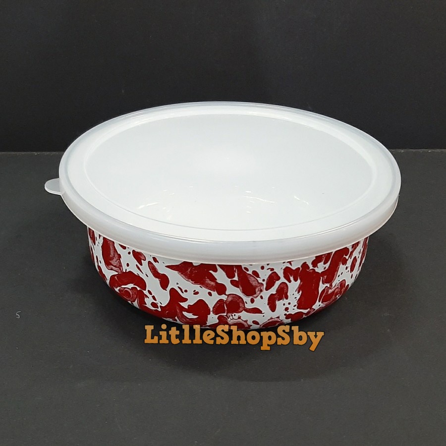 Rantang Mangkok Bowl Enamel Tutup Plastik 16cm Merah Blirik