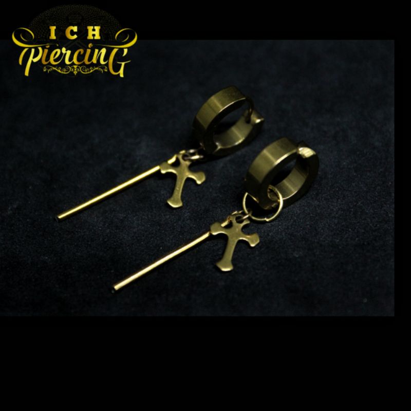 1pcs Anting cowok Fashion Jungkook BTS / Anting pria motif salib batang gold korean style