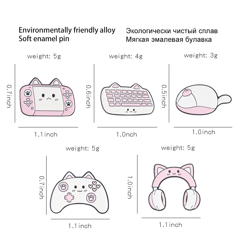 5 Styles of Cartoon Cat Enamel Brooch Office Supplies Game Console Lapel Pin Backpack Badge Gift for Friends