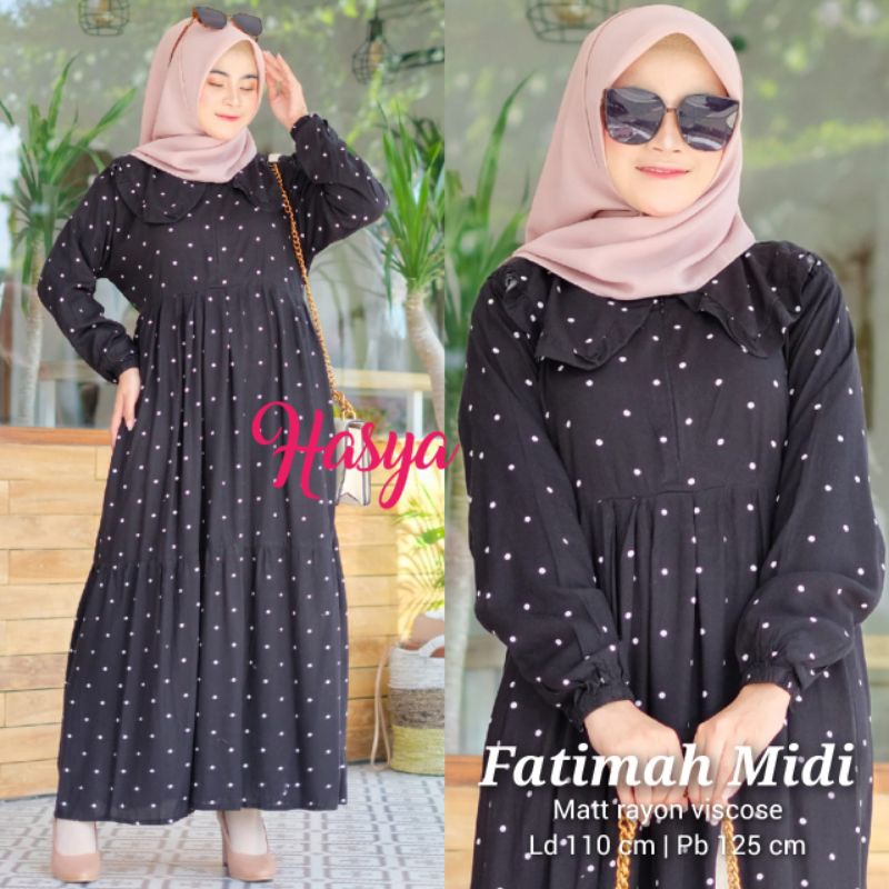 Bavina Midi Dress Jumbo Muslim Rayon Motif Polkadot Busui Friendly Resleting Depan Lengan Panjang