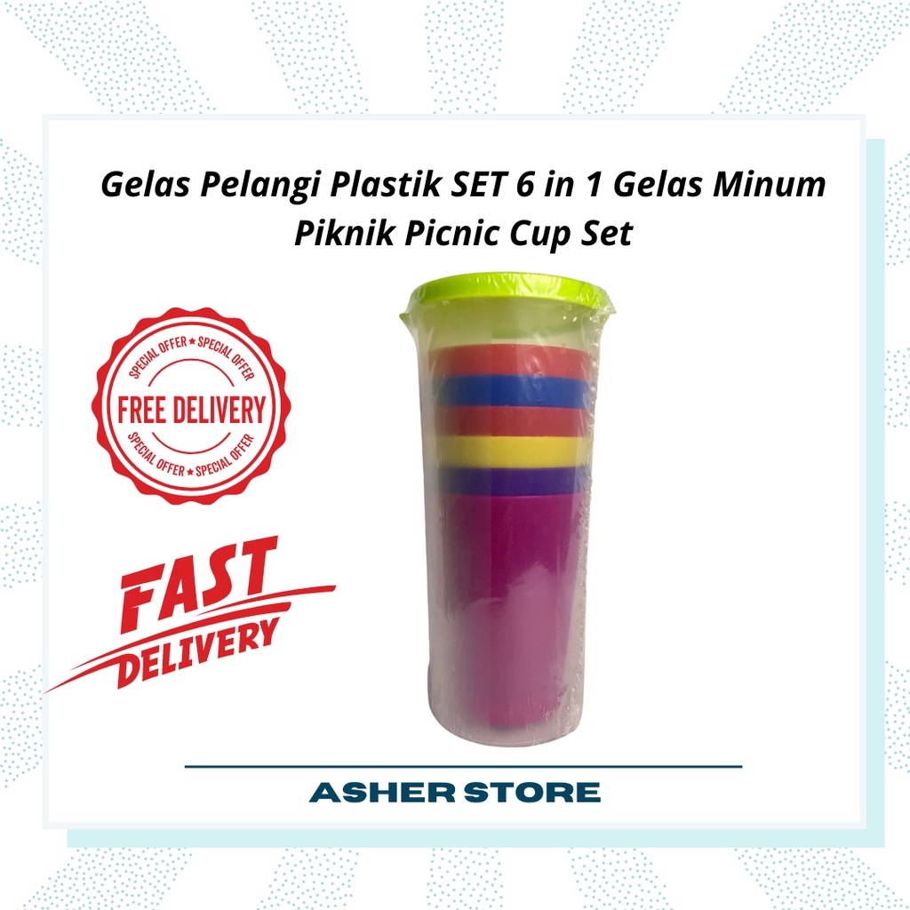 Gelas Pelangi Plastik SET 6 in 1 Gelas Minum Piknik Picnic Cup Set