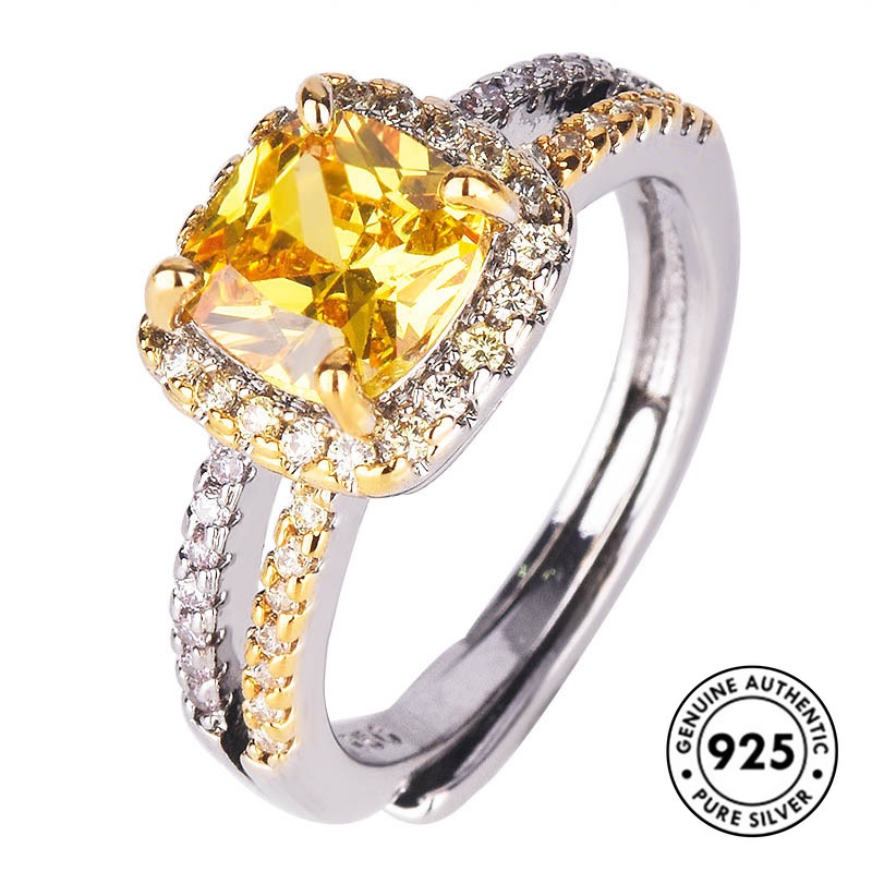 [S925]Fashion Elegant Double-Layer Full Diamond Princess Square Yellow Diamond Open Ring S925 Silver