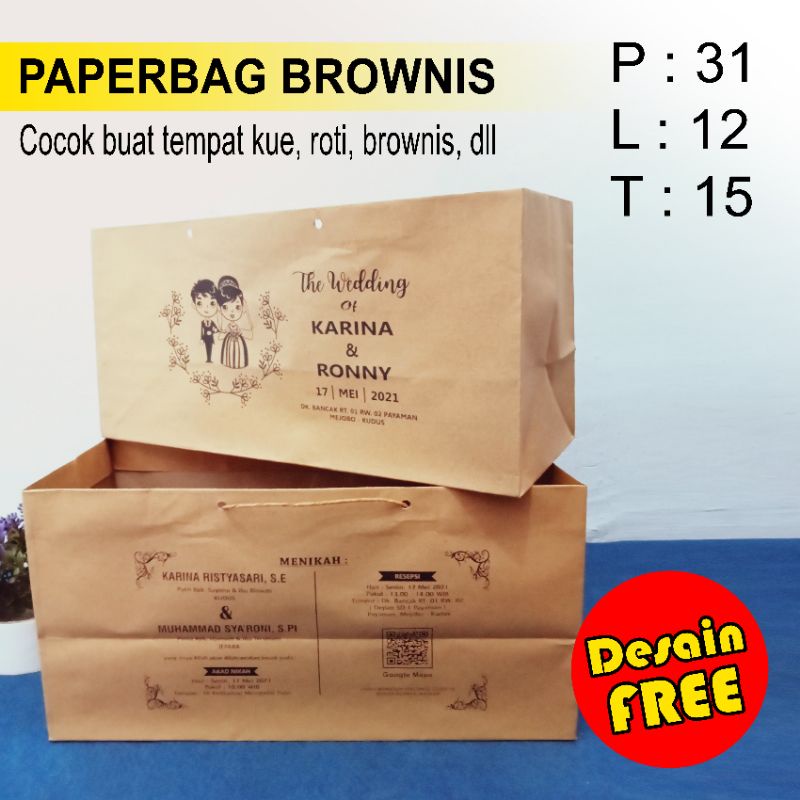 

Paperbag roti brownis, tas kue ultah, tas brownis 31x12x15 cm tas sablon