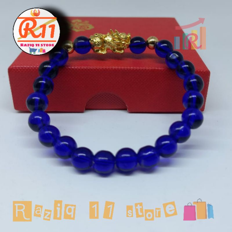 Gelang Batu Giok Asli Kombinasi Pixiu Warna Biru