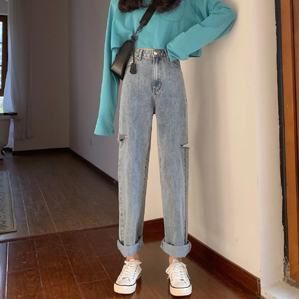 Ukuran Jumbo korean style new lubang biru muda kekinian high waist celana jeans panjang wanita