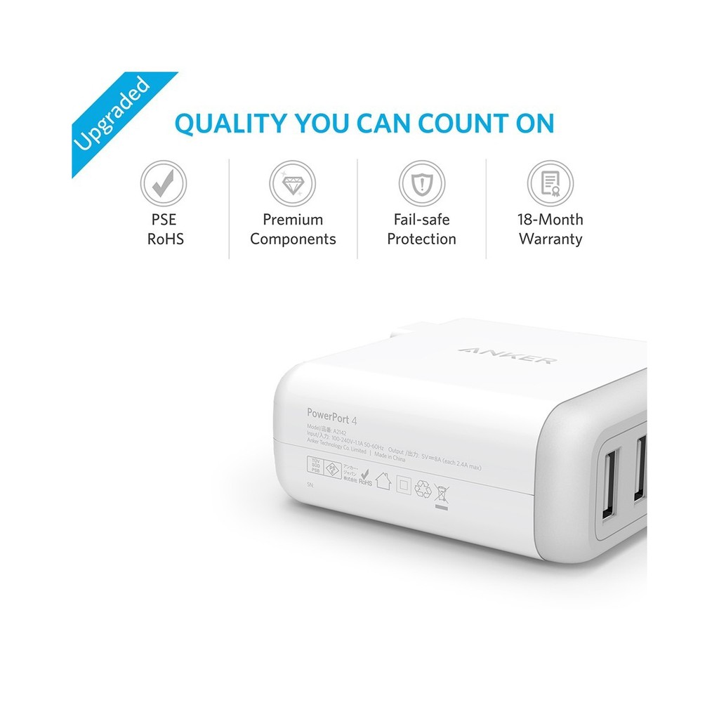 Anker PowerPort 4 40W USB Wall Charger White A2142J22