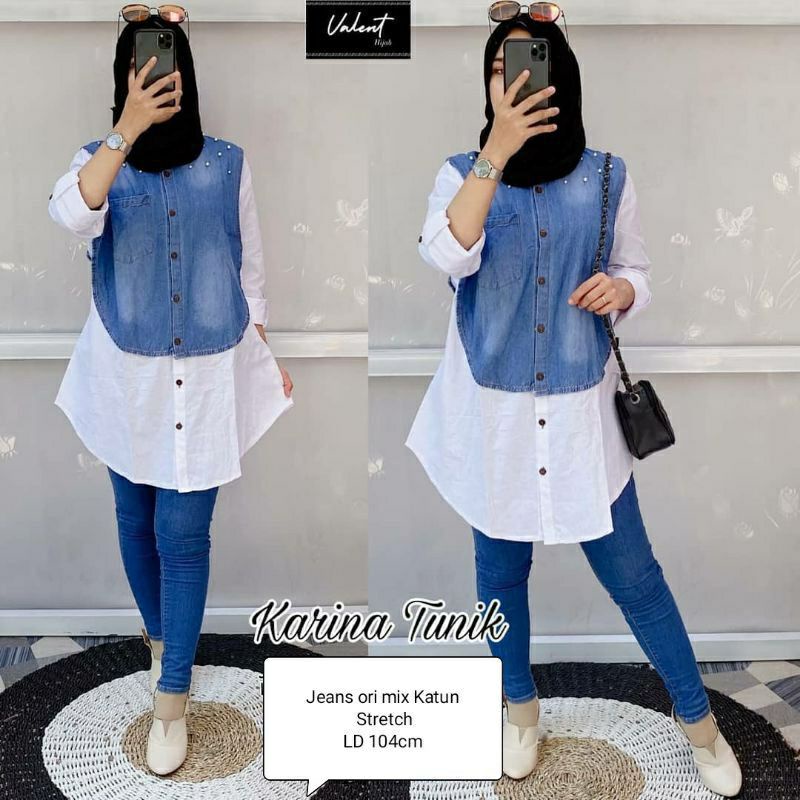 tunik jeans kombinasi katun karina tunik