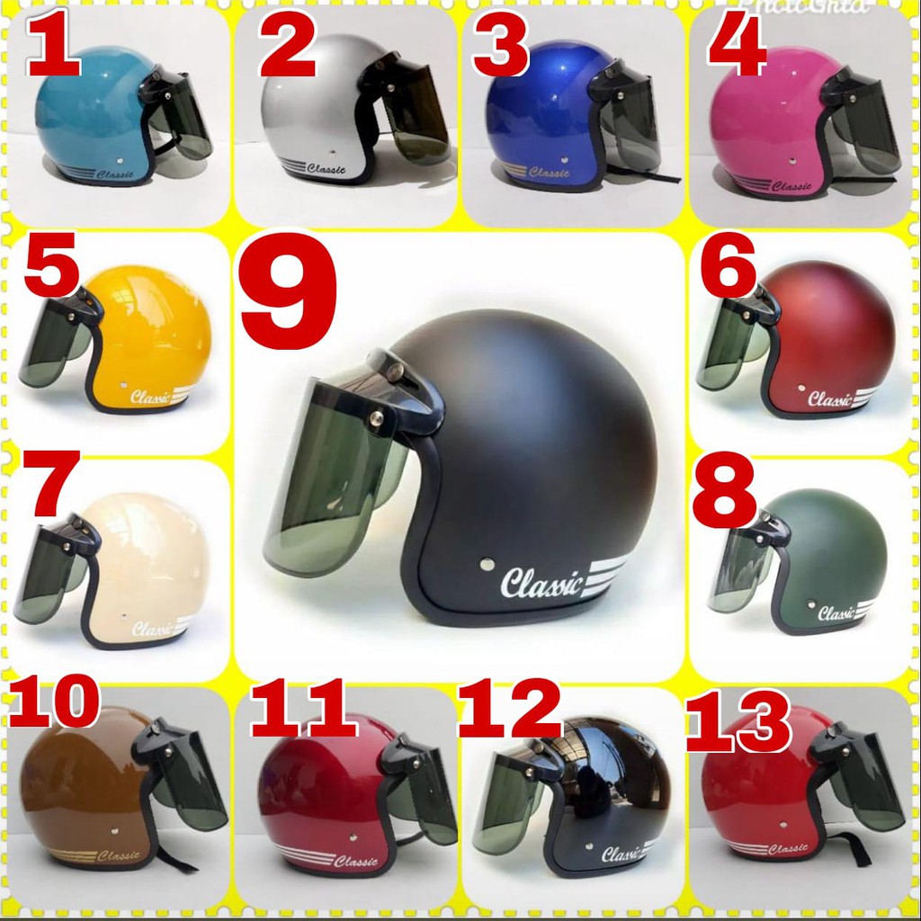 HELM RETRO CLASSIC MOTOR SNI KACA DATAR MOTIF POLOS HELM OLD HELEM KLASIK HLEM ANTIK