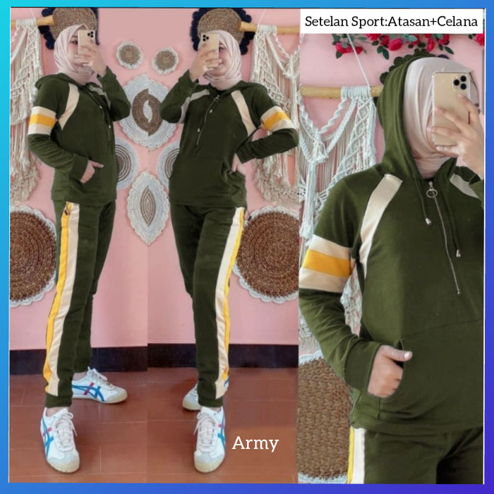 baju olahraga hijab setelan senam wanita emilly lari sepeda army