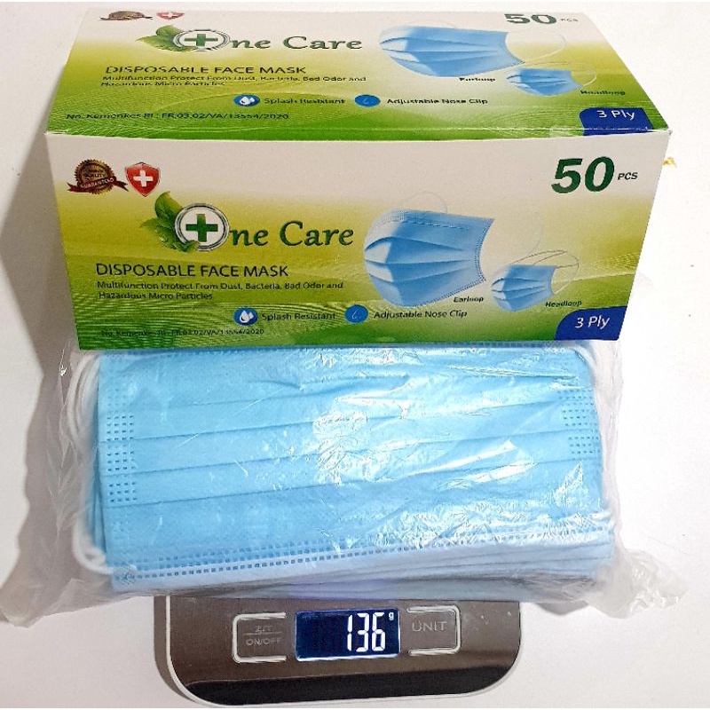 MASKER 3PLY ONE CARE EARLOOP BIRU ISI 50PCS ORIGINAL