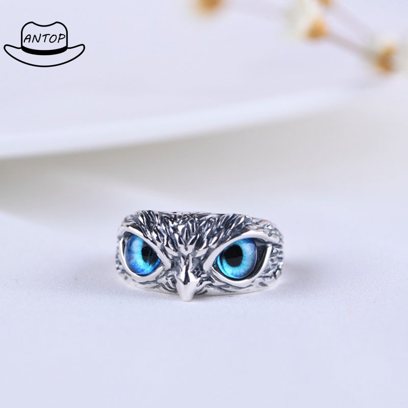 Vintage Style Burung Hantu Kristal Cincin Perak Hewan Pria Wanita Perhiasan Fashion Punk Crystal Rings ANTOP