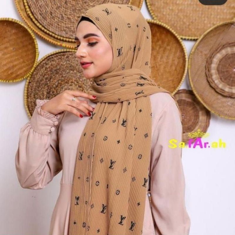 Jilbab Hijab Pashmina Plisket Motif lv Bahan Ceruty Plisket