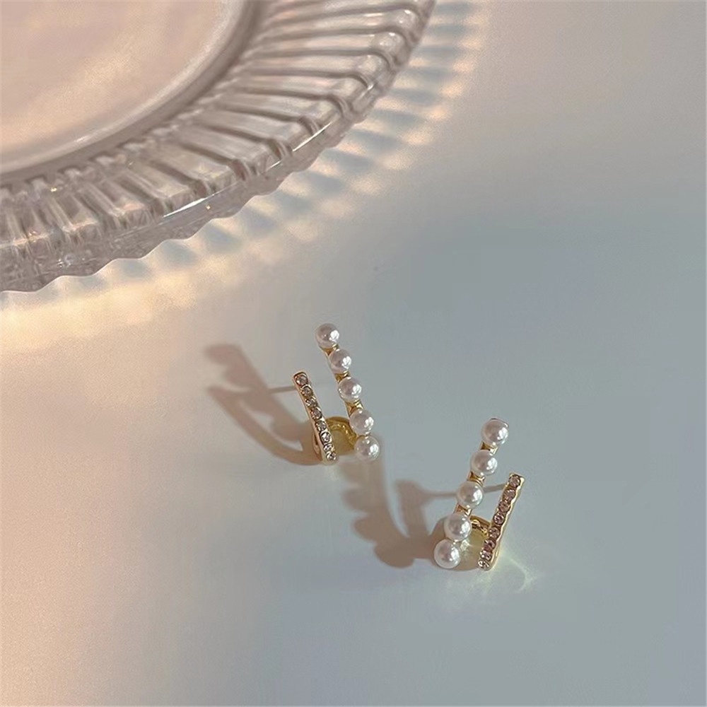 Anting Stud Zircon Mutiara Bentuk U Lapisan Ganda Gaya retro Untuk Wanita