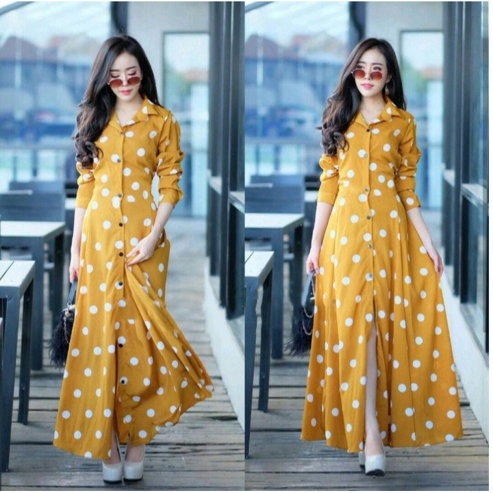 FWG - GAMIS POLKA 1092  / GAMIS WANITA / MAXI DRESS KOREA / BAJU WANITA / LONGDRESS / GAUN PESTA