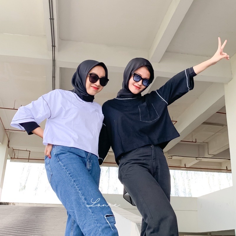 ￼EXO BASIC CROP - kaos crop tee oversize crop top oversize  baju wanita jumbo crop kaos polos COTTON
