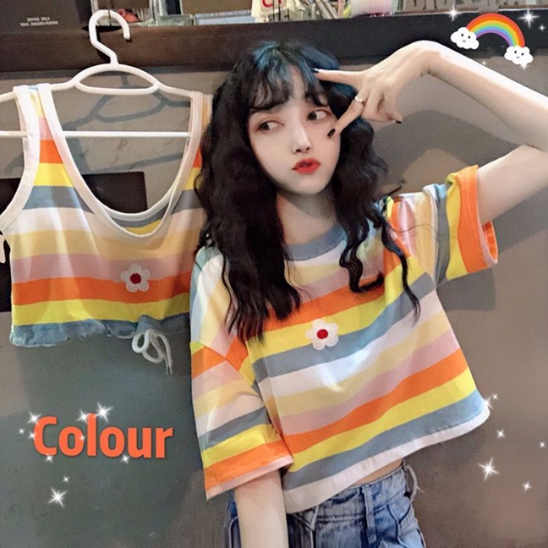 MDLV ~ 19430# Rainflow Tee Korea Crop Top Tee Crop Top Rainbow Daisy Crop Top Cewek Kaos Import Kaos Premium Fashion Premium Fashion Import