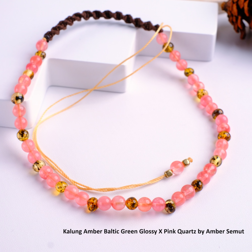 Kalung Amber Baltic Green Glossy X Pink Quartz by Amber Semut