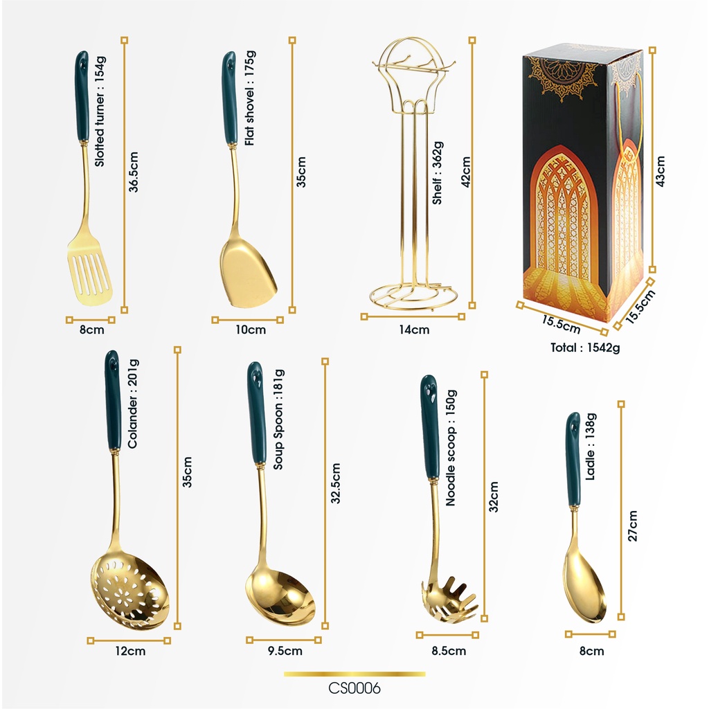 7 Pcs ﻿Ceramic Gold Handle Utensil Spatula Sutil Stainless Steel Set Keramik Mewah Cantik