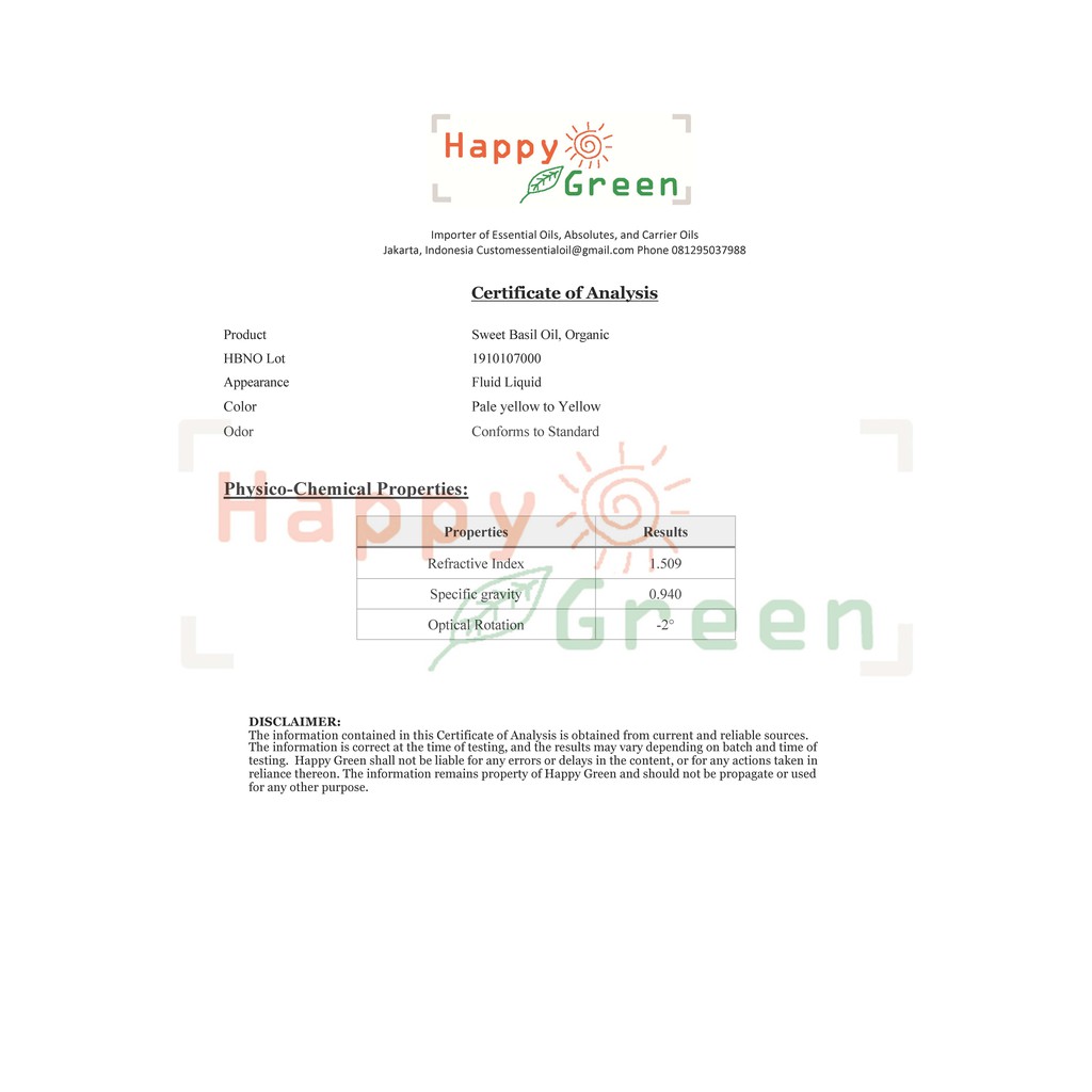 Happy Green ORGANIC Basil Essential Oil - Atsiri Kemangi Murni