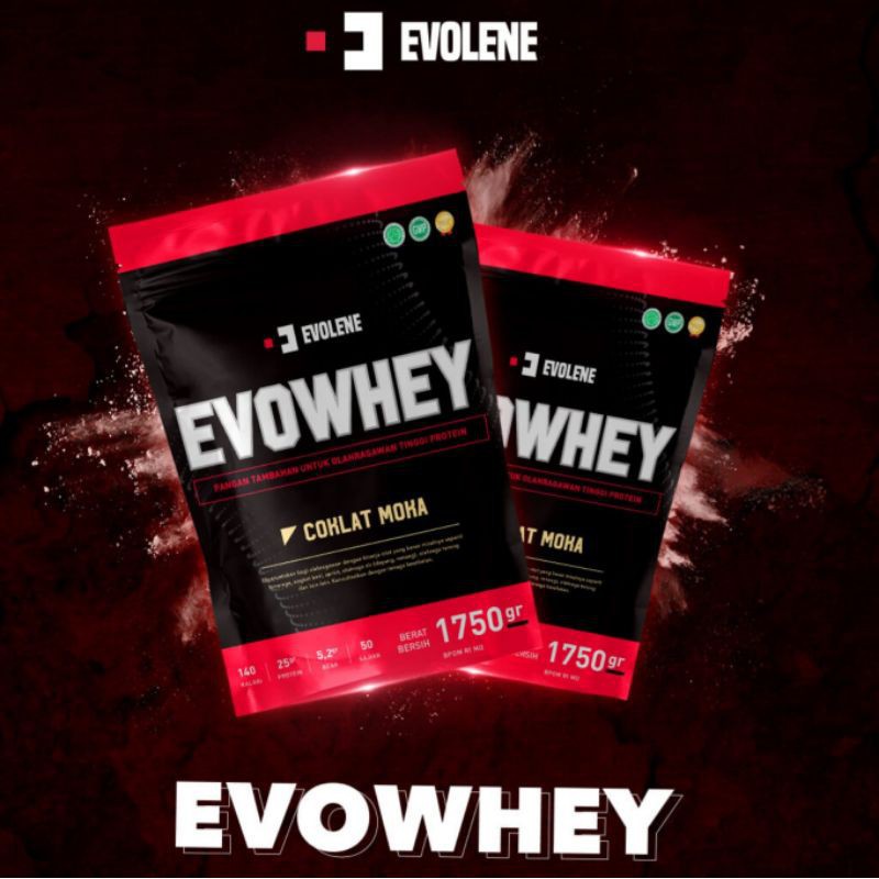 EVO WHEY 50 SERVING / 1,75KG EVOLENE EVOWHEY EVOLENEWHEY SUPLEMEN PROTEIN BPOM HALAL COKLAT HAZELNUT MOKA MOKKA MOCA MOCCA SUSU WHEY EVOLIN EVOLINE