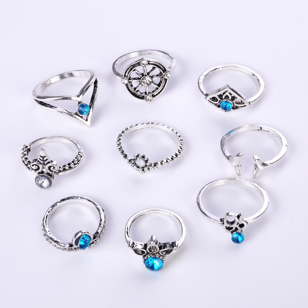 【COD Tangding】9 Pcs/Set Bohemian Yoga Water Drop Hollow Carved Diamond Women Ring Set