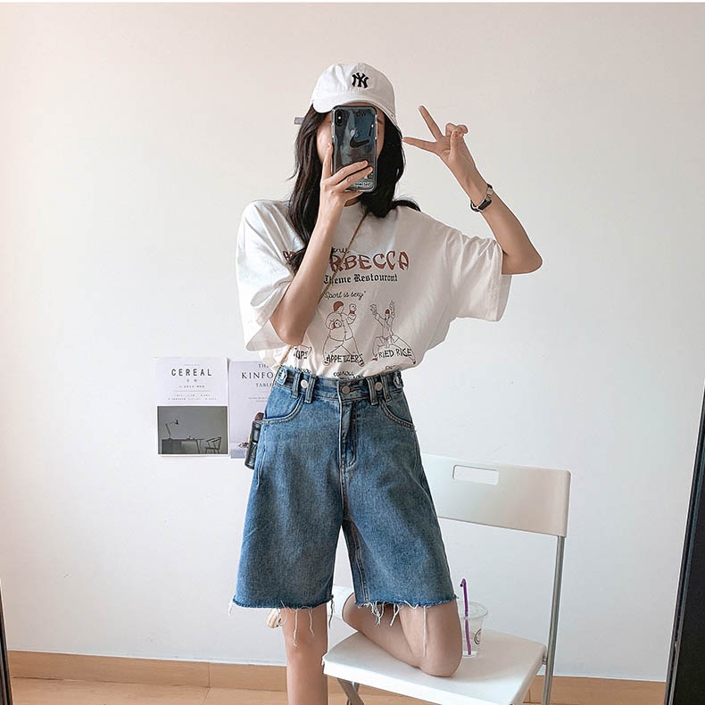 New Korean Highwaist Wanita Warna Biru Rawis Celana Pendek Denim