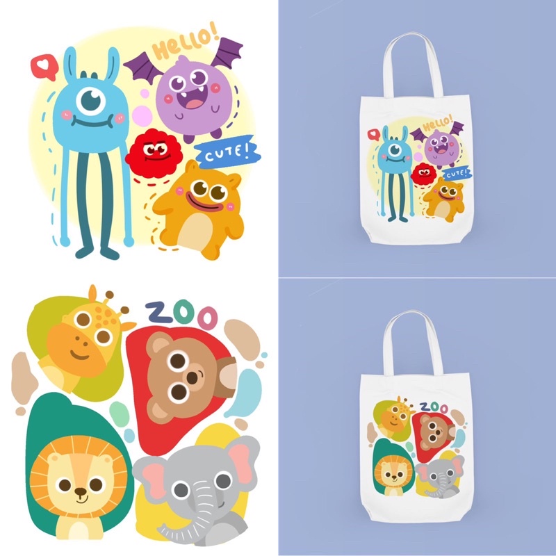 Tote Bag Bergambar Cute Karakter Dino/Monster/Zoo