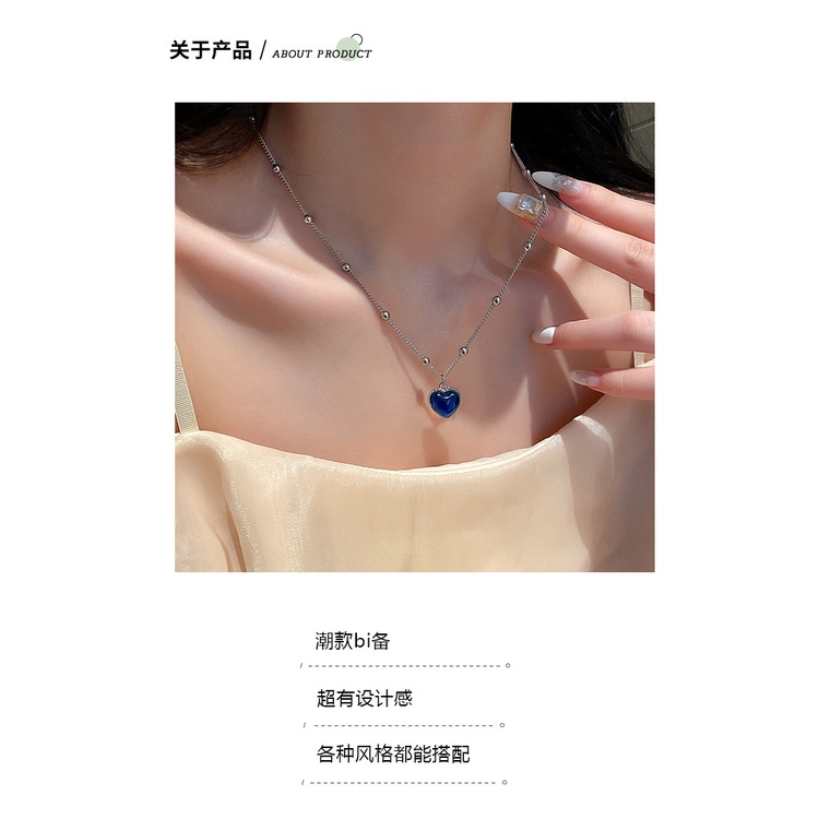 Gaya Korea retro biru hati mencintai kalung wanita's ins gaya sederhana temperamen peach jantung lio