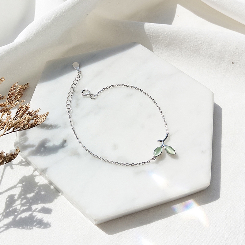 Gelang Tumpuk Bracelet Daun Opal Daun Muda Rantai Perak Versi Korea Perhiasan Bracelets Jewelry