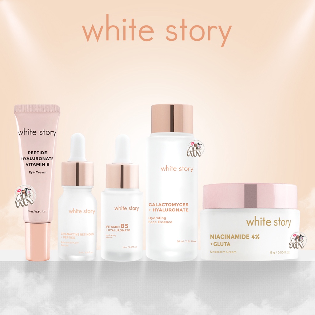 WHITE STORY SERIES ( HYDRATING FACE SERUM HYALURONIC / FACE ESSENCE GALACTOMYCES / ADVANCED CARE SERUM PEPTIDE / UNDERARM CREAM / EYE CREAM PEPTIDE )