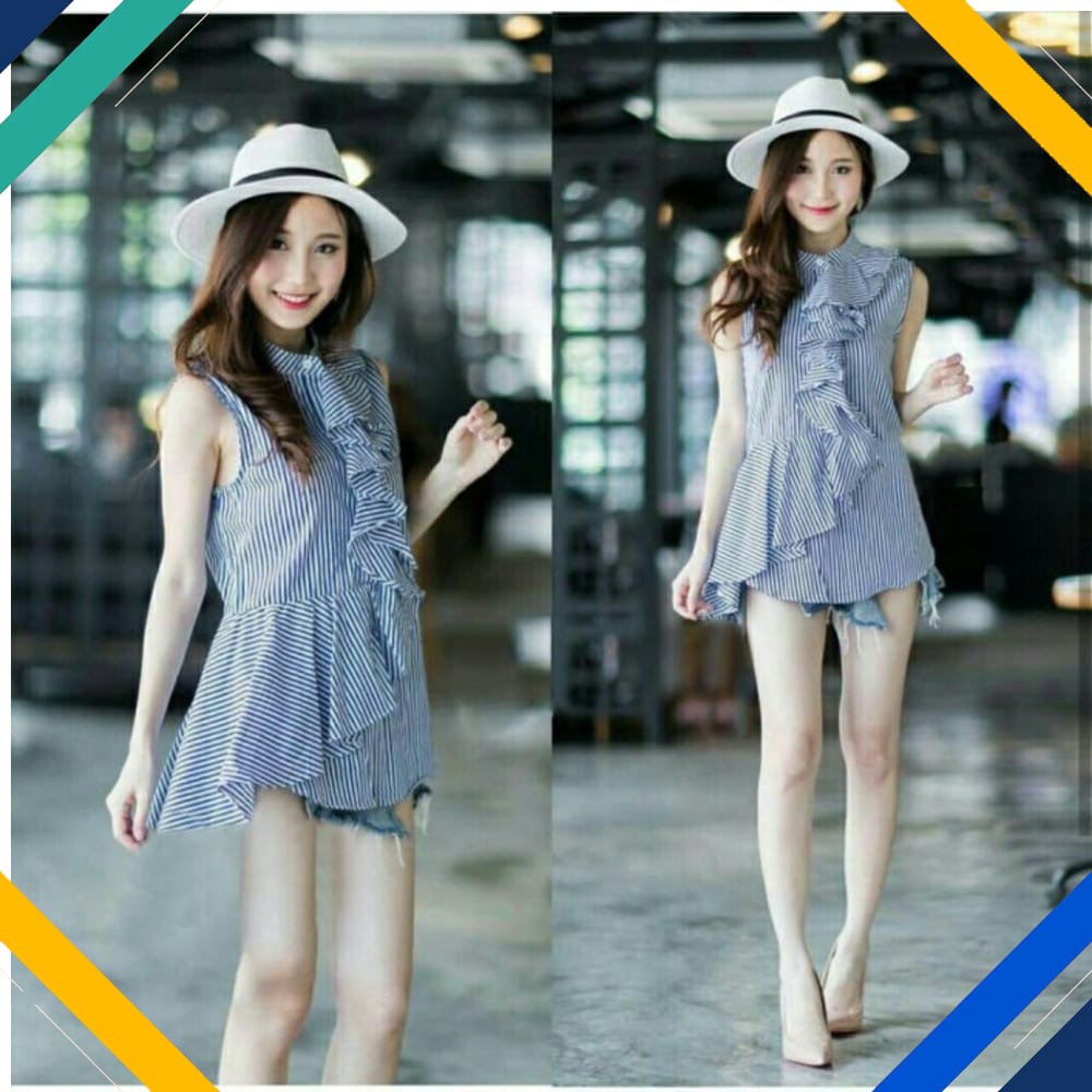 Blouse Rempel Biru Kekinian Baju Atasan Wanita 0117 Premium UJD
