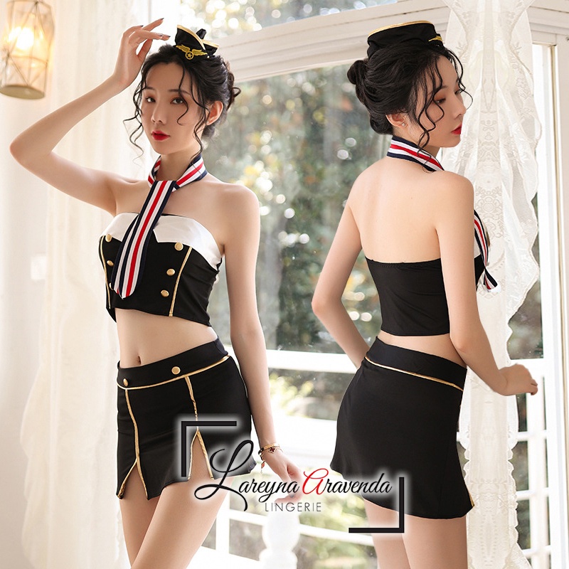 Set Lingerie + Rok + Topi + Dasi + CD Seksi Model Naughty Stewardess Premium LG425