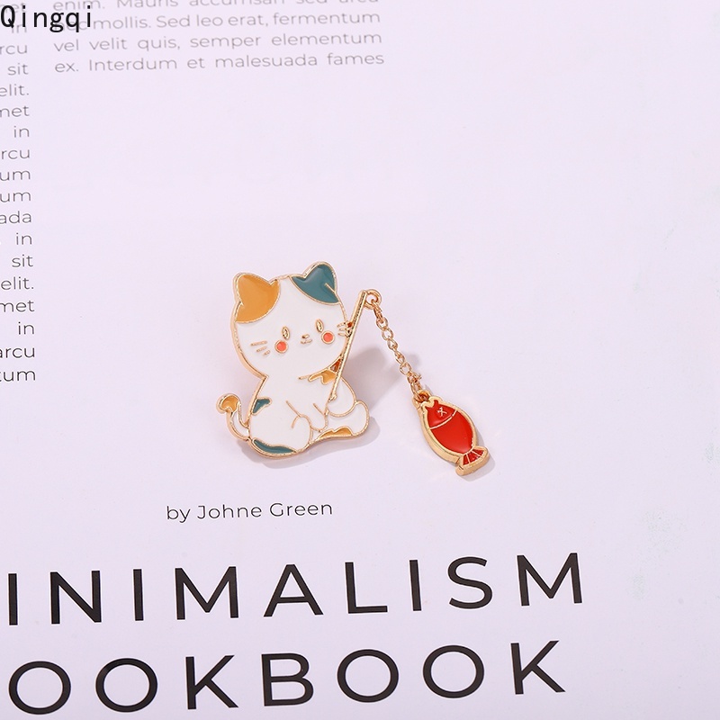 Bros Pin Bentuk Kartun Kucing Memancing Dengan Rantai Bahan Logam Untuk Hadiah Anak