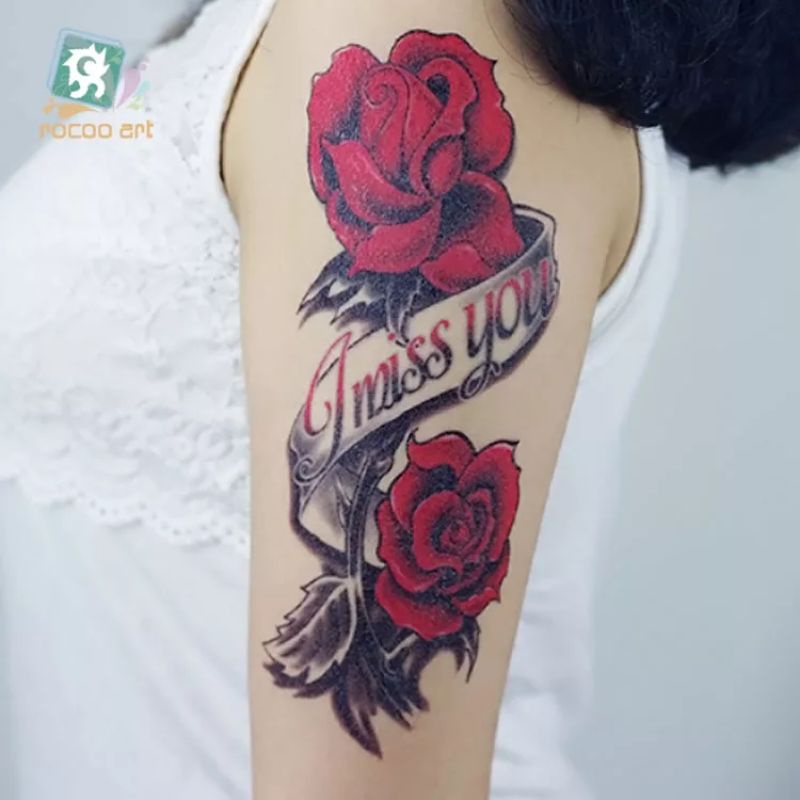 Tatto Temporary Tato Temporer Tahan Air Tahan Lama Motif Mawar Merah Darah Setengah Lengan QC 666