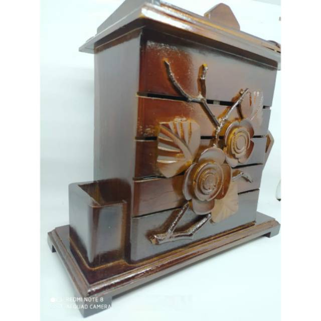 TEMPAT SENDOK GARPU DAN TISU UKIR BUNGA MAWAR BAHAN KAYU JATI SOUVENIR KHAS JOGJA