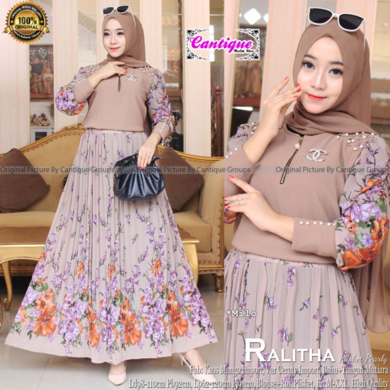 Ralitha Plisket Pearly Pakaian Wanita Setelan Blouse + Rok Plisket Fab Kaos Mango Import