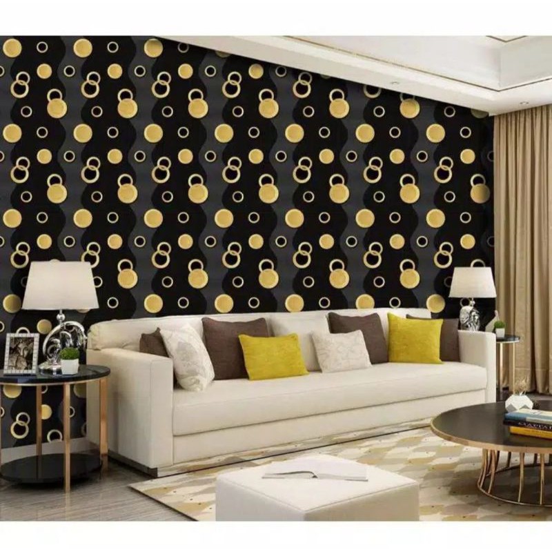 Wallpaper Dinding Polkadot Gold Hitam 8m s/d 9m x 45cm