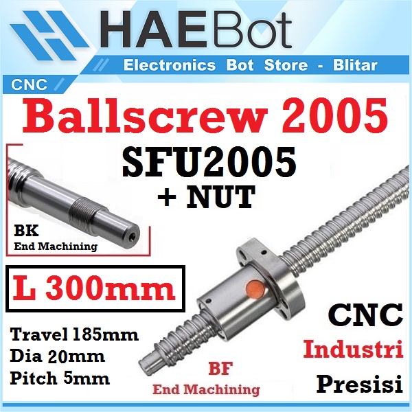 [HAEBOT] Ballscrew Ball screw SFU2005 SFU 2005 300mm 30cm End Machined + Nut Router Milling CNC Mesin Presisi Z Axis Leadscrew 20mm Pitch 5mm Industri Otomasi 300 mm